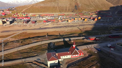 Longyearbyen Town Spitsbergen Svalbard Norway, aerial.
