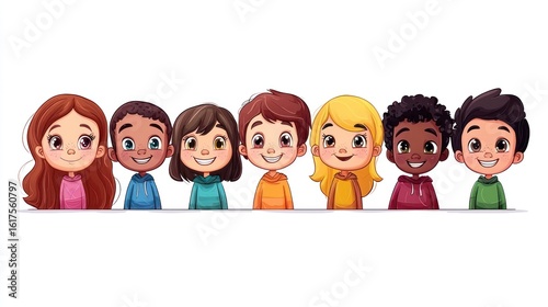 Group of cartoon children of diverse ethnicities smiling together on white background
