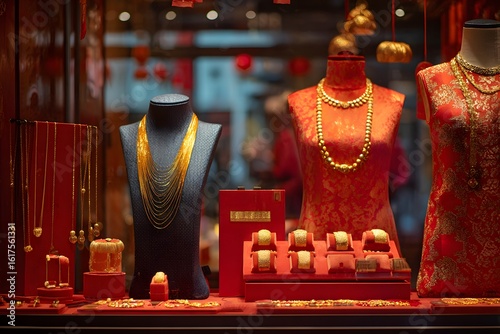 A display of gold jewelry and accessories in the window of an urban Chinese mall, including necklaces, 