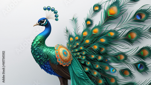 A vibrant peacock with iridescent feathers and ornate headpiece standing gracefully on display against white created with generated ai