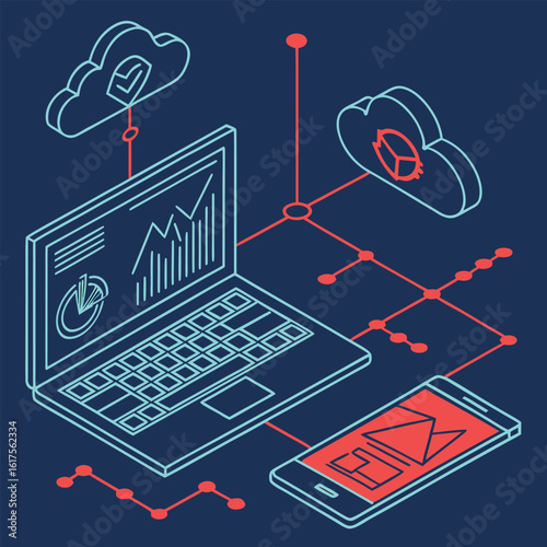 Cloud computing and online shopping concepts depicted with a laptop, digital network, and business success charts