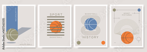 A collection of four minimalist basketball designs inspired by the Bauhaus poster style. A modern sports art set for decoration.