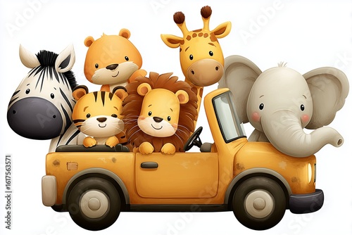 Jungle baby animals - a zebra, a lion, a bear, a giraffe, an elephant - sitting inside a toy yellow car 