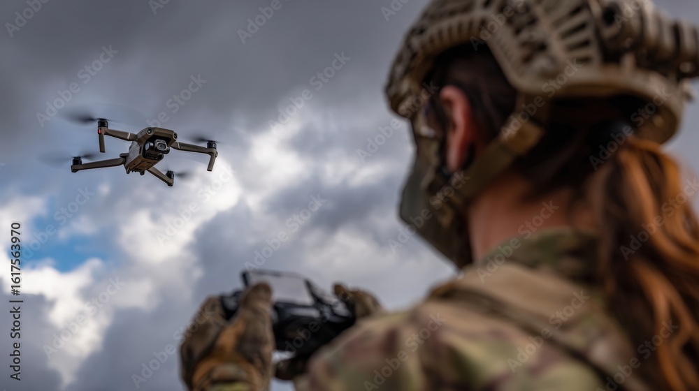 Fototapeta premium A soldier in tactical gear controls a drone using a remote, focused on the device's movements. Clouds loom above the open field, creating a dramatic atmosphere for the training