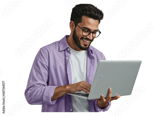 Young indian man wearing glasses and a purple shirt smiling while working on a laptop computer isolated on transparent background