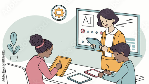 Illustration of ai education in classroom with teacher and students learning technology and artificial intelligence