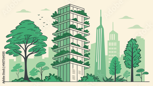 Eco friendly architecture building with greenery and trees in urban city landscape drawing design