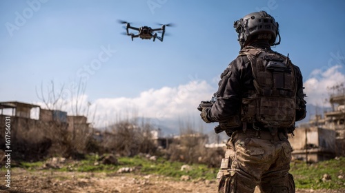 A soldier in tactical gear controls a drone using a remote, focused on the device's movements. Clouds loom above the open field, creating a dramatic atmosphere for the training