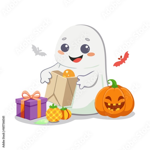 A cute ghost is holding a bag of candy isolated on white background