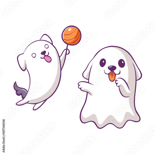 Photography Two cute cartoon dogs are playing isolated on white background