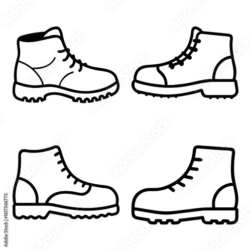 Vector four outlined hiking boots with laces and rugged soles arranged in a square grid on transparent background
