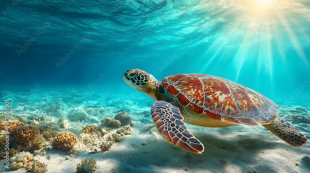 Fototapeta premium Sea turtle swimming in a coral reef environment.