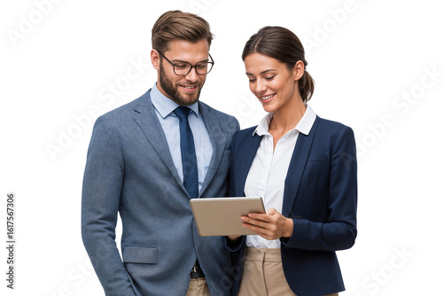 Successful business team collaborating with a digital tablet. Happy male and female professionals in formal suits discussing a strategy