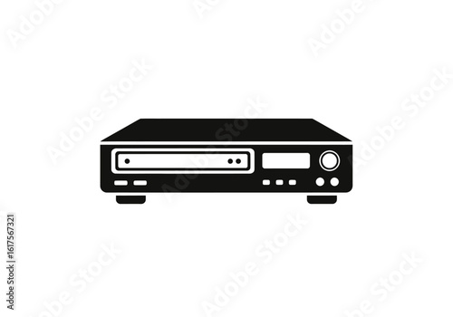 Simple black icon of a retro VCR or DVD player. Vintage home entertainment technology symbol isolated on a white background.