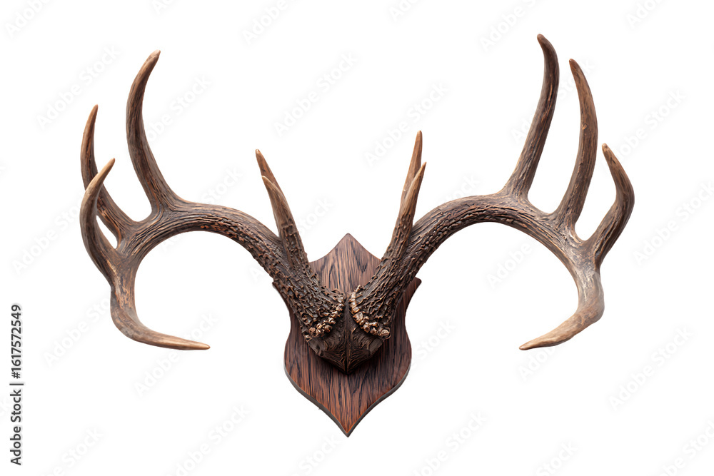 Fototapeta premium Impressive deer antlers mounted on a dark wood plaque a hunting trophy