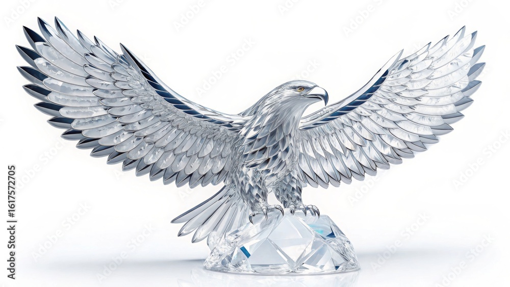 Fototapeta premium A crystal eagle figurine with its wings spread wide perched on a faceted crystal base on white
