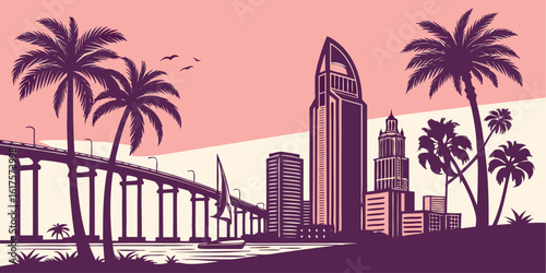 Vector Silhouette of San Diego Cityscape Featuring Iconic Landmarks