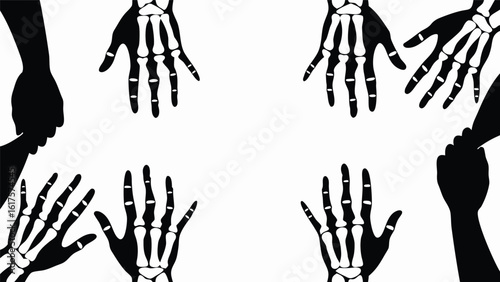 Skeleton hand silhouettes in black and white, spooky bone hand shapes. Halloween anatomy clipart eps for posters