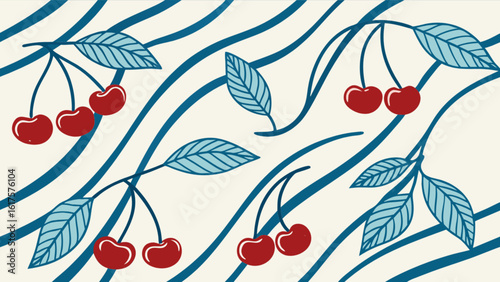 A delightful pattern of red cherries and blue leaves creates a fresh and summery design, perfect for adding a touch of sweetness to any project