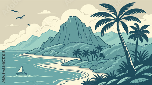 A tropical island landscape with palm trees, mountains, and a sailboat creates a serene and idyllic scene