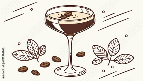 A stylish illustration of an espresso martini cocktail with coffee beans and leaves, perfect for bar or cafe designs