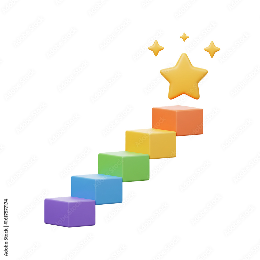 Obraz premium A vibrant staircase of rainbow-colored blocks ascends towards a sparkling golden star of success.
