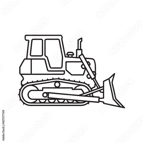 Bulldozer icon representing heavy construction machinery for earthmoving building site preparation and industrial road work line vector stroke