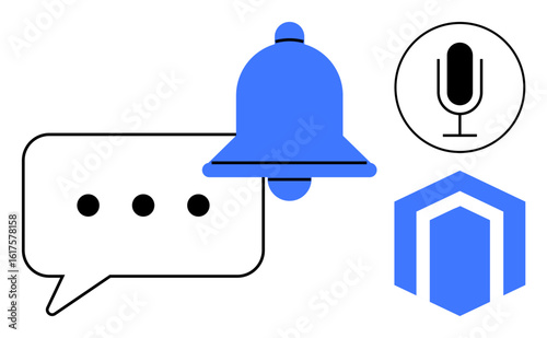 Bell alert, chat bubble with dots, microphone, and blue shield symbol. Ideal for communication, notification, messaging, reminders, security voice recognition simple landing page