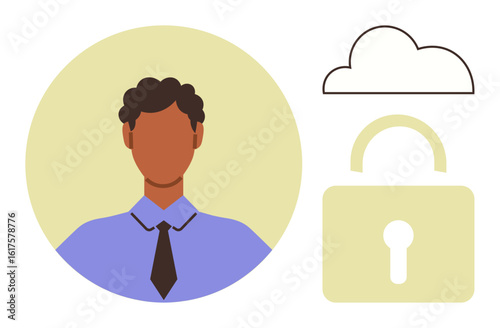 Person wearing formal attire beside a cloud and padlock. Ideal for cybersecurity, privacy, data protection, digital security, personal information safety, online security, and identity management