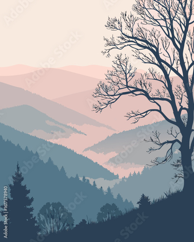 Serene mountain landscape with silhouetted trees and soft pink and blue hues