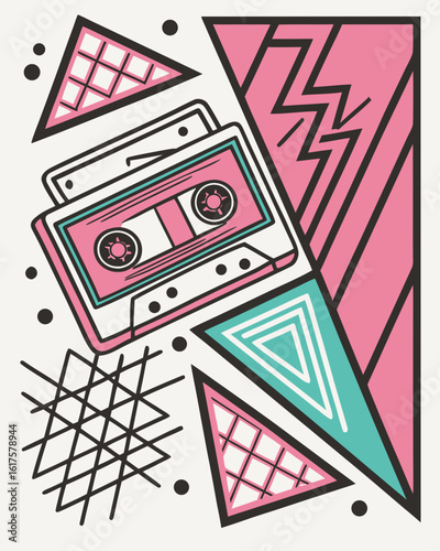 Retro 1980s style cassette tape with geometric shapes and memphis design elements