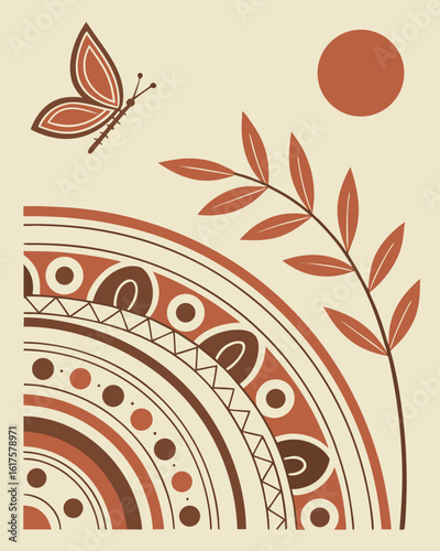Abstract geometric pattern with a butterfly plant and sun in warm earthy tones