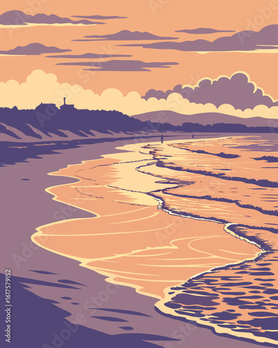 Serene beach landscape with gentle waves and a distant coastline at sunset