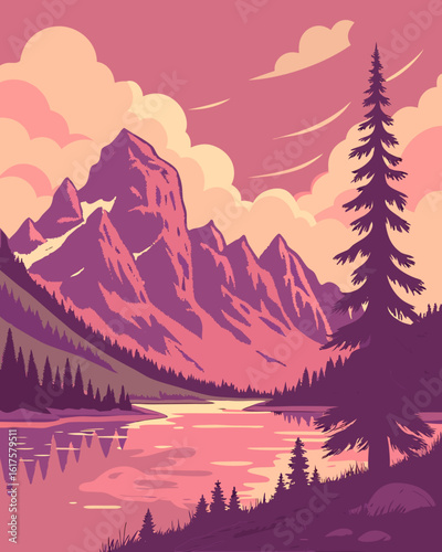 Stylized mountain range reflected in a calm lake with a silhouetted pine tree and dramatic clouds