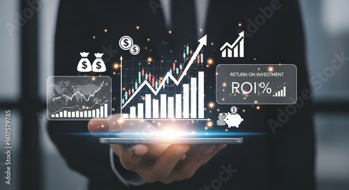 Investment growth strategy roi analysis financial planning and business success on mobile device