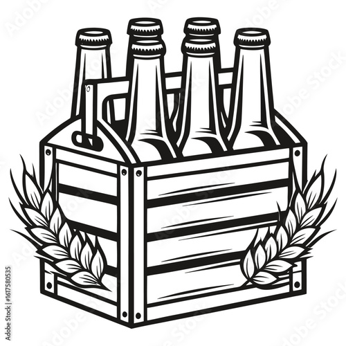 Wooden six pack carrier filled with beer bottles and wheat stalks illustration