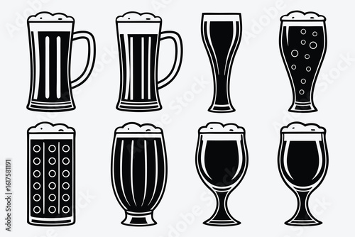 Collection of eight different beer glasses with frothy heads and dark liquid