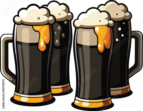 Four dark beer mugs with frothy heads and dripping foam