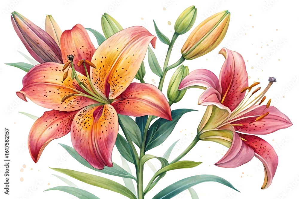 Fototapeta premium Painting of a pink and yellow flower with a green stem