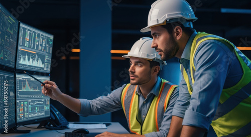 Two male engineers wearing white safety helmets and reflective vests analyze data on multiple computer monitors in modern control room, focused and collaborative atmosphere