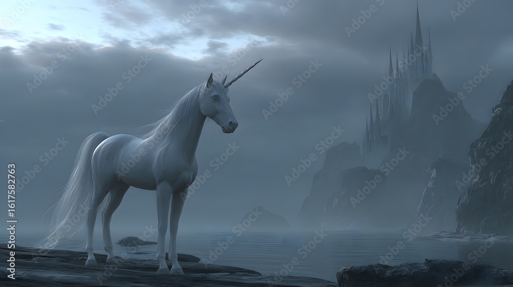 Naklejka premium Majestic white unicorn by a misty coastline.