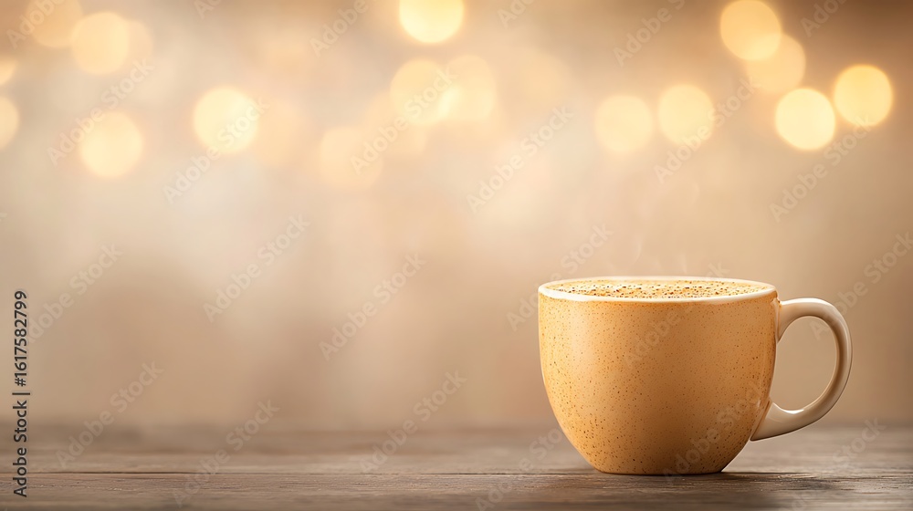 Obraz premium Cozy yellow mug of warm beverage with bokeh lights