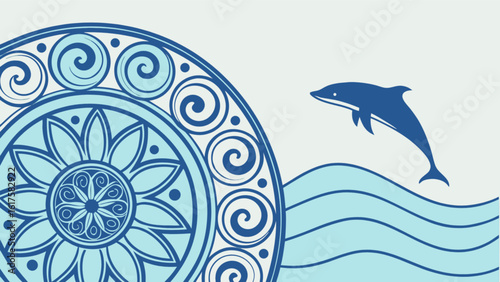 A blue dolphin jumping over waves with a mandala design, symbolizing ocean life and spiritual meditation