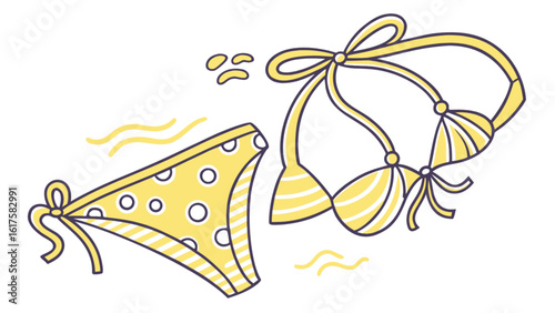 A yellow polka dot bikini swimsuit, isolated on white background