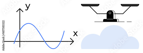 Mathematical graph with x and y axes, smooth curve, balance scale above light cloud. Ideal for data science, decision-making, analytics, balance, visualization equilibrium statistics. Simple flat