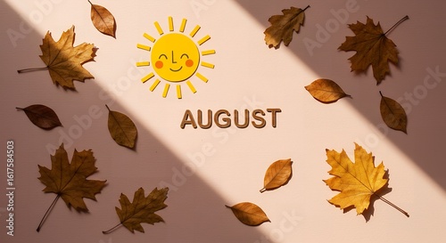 August Seasonal Vector with Sun and Leaves on Pastel Background