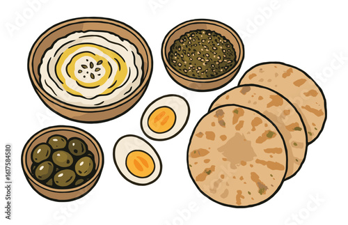 An illustration of a traditional middle eastern breakfast, featuring labneh, olives, and eggs.