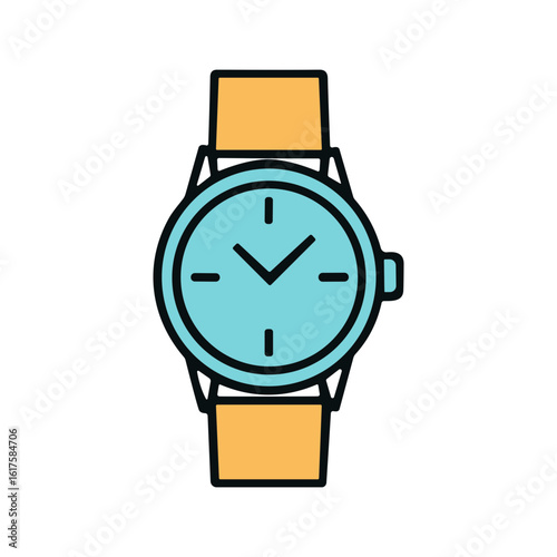 A colorful, flat design icon of a classic analog wristwatch with a blue face and yellow strap.