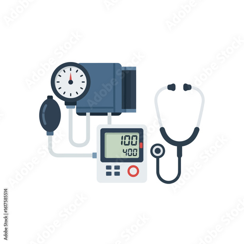 Illustration of a blood pressure monitor with digital display, gauge, cuff, bulb, and stethoscope on a white background.