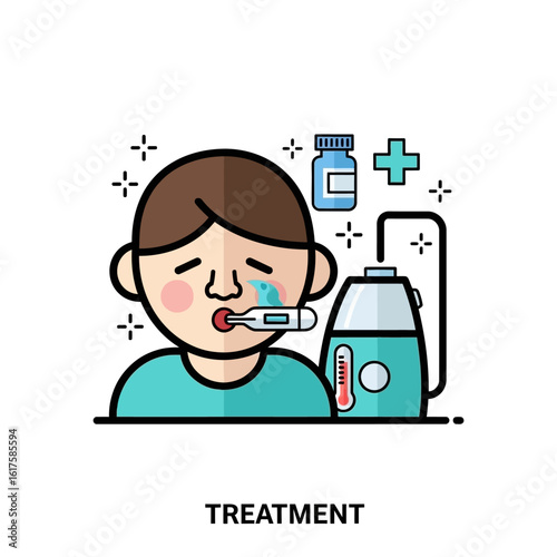 A sick person with a thermometer in their mouth, next to medicine and a humidifier, indicating illness and treatment.